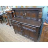 ERCOL dark oak sideboard the upper portion fitted double shelved cupboard the lower fitted 2 small