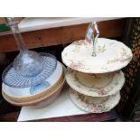 3 tier Crown Ducal cream ground multi-coloured floral garland cake plate, 2 mixing bowls,