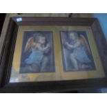 Large oak framed coloured print of 2 cherubs