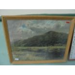 Pine framed coloured print of landscape moorland scene of cattle drinking from stream