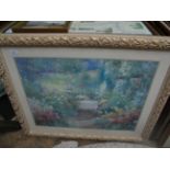 Large gilt framed coloured print of a summer garden