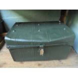 Green painted tin travelling/storage trunk