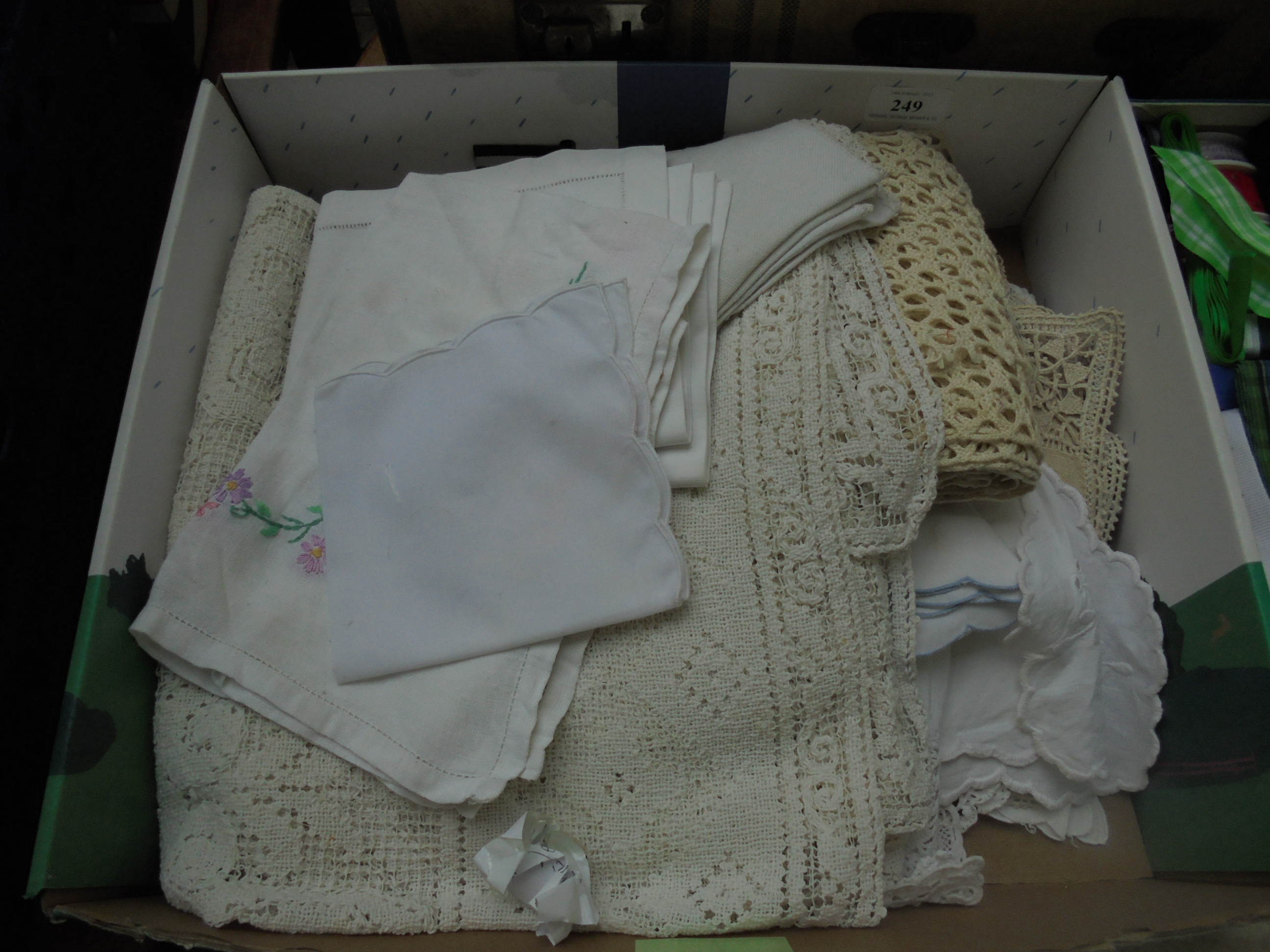Box of principally embroidered and crotched table linen