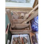 Wooden 4 cpt. storage box and contents, miniature wooden stoppers, bobbins, box of mixed keys etc.