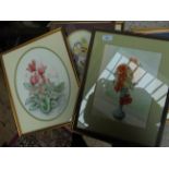 5 framed still life watercolours of a variety of summer flowers each signed by local artist