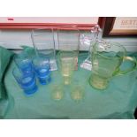 Box of misc. glass incl. green glass water jug, crucifix, blue glass tumblers etc.