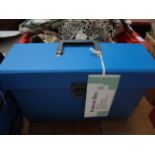 As new blue file box containing various patterns and ancillary needlework instruction manuals