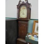 8 day long cased grandfather clock in mixed woods the oak front inlaid with oval panel of a scallop
