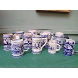 11 blue and white Delft ale tankards