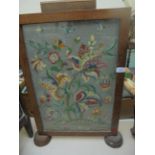 Oak framed firescreen inset floral coloured embroidery