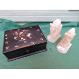 Black jewellery box part mother of pearl inlay together with a pair of horse head onyx bookends