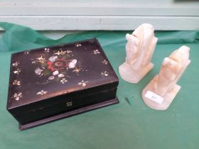 Black jewellery box part mother of pearl inlay together with a pair of horse head onyx bookends