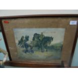 Hunting print of a Fox running from the Hounds disturbing a pair of Shires