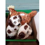 Pair of Victorian brown and white spaniel mantelpiece ornaments and a brown ground Price chicken