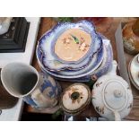 Willow patterned meat dish, stilton cheese dish (repaired), tea pots etc.