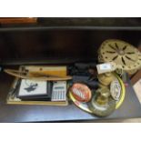 Magpie lot of a brass trivet, pair of binoculars, boxed silhouette, pinking scissors,