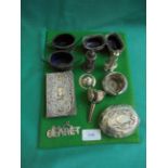 Magpie lot of early plated and silver cruets, silver backed prayer book,