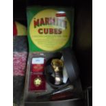 Carvel braille wristwatch with gilt expanding strap, early Marmite cube tin,