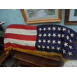 Early to mid 20th century gold fringed Stars and Stripes flag of the USA with 48 stars (60" x 50")