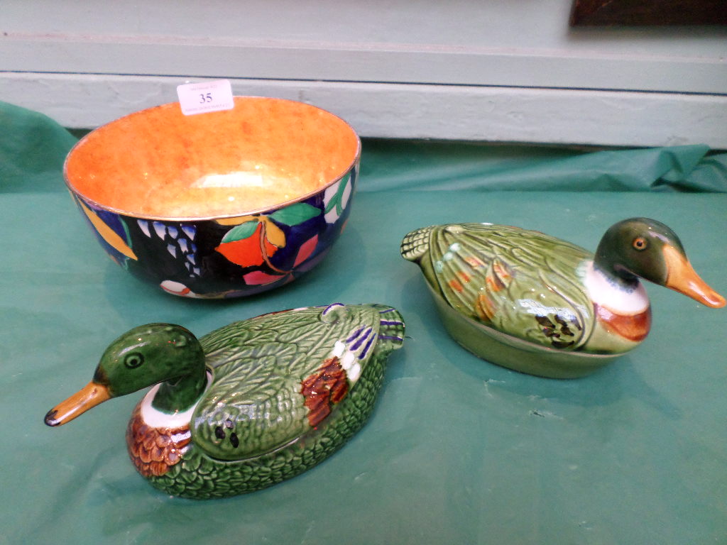 Pair of French duck ornaments and a multi-coloured Corona ware 'Cremorne' hand painted lustre fruit