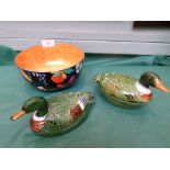 Pair of French duck ornaments and a multi-coloured Corona ware 'Cremorne' hand painted lustre fruit