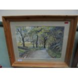 Unsigned watercolour of landscape country road scene in pine frame