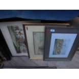 2 framed hunting prints, another of the Thames etc.