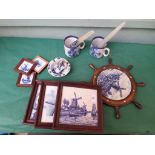 Framed ship wheel, blue and white tiles and 6 others etc.