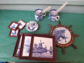 Framed ship wheel, blue and white tiles and 6 others etc.
