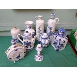 9 larger blue and white Delft items incl. canister, drum and cylindrical flasks etc.