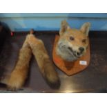 Excellent Fox Mask on wooden plaque dated 1941 together with handled brush and another