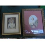 Framed 19th century miniature of an attractive young lady standing beside a garden urn