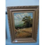 Gilt framed landscape oil on canvas of a harvest field signed F. Anthony 1913