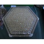 Most decorative hexagonal jewellery box inlaid with mother of pearl with key,