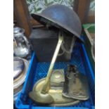 WWII helmet, metal canister brass inkwell ladle etc