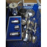 Sel. of plated cutlery, 3 piece cruet, half pint tankard etc.