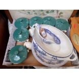 6 green wheat lidded bowls and blue and white ware incl.