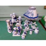 Box of Delft ware incl. table lamp, girl ornaments etc.