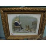 Coloured print of a young child with Alsatian dog entitled 'The Young Artist' in ornate gilt frame