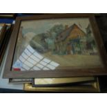 Framed map of the County of Essex, oak framed watercolour of street scene,