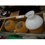 Paraffin lamp accessories incl. 3 light brown lamp shades, 2 flues etc.