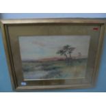 Gilt framed watercolour of landscape scene,