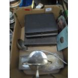 3 boxed sets of plated cutlery, ladle, glass sugar basin etc.