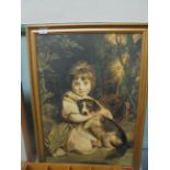 Gilt framed print of a young girl cuddling a Spaniel Puppy