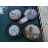 4, 19th century framed pot lids, one depicting Oriental toothpaste,