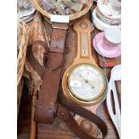 Small wicker basket containing 3 Lilliput Lane cottage ornaments, barometer and thermometer dial,