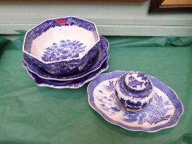 5 pieces of blue and white ware incl. a Wedgwood Ferrara fruit bowl, willow patterned oval dish etc.