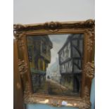 Framed oil on canvas of 'Victorian street scene' signed Robert Ixer in ornate gilt frame