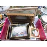 Box of small picture and photograph frames together with a selection of figurines, wall tiles etc.