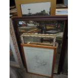 3 framed mirrors, pine framed sketch of a young girl with teddy bear entitled 'Bump, Bump, Bump',